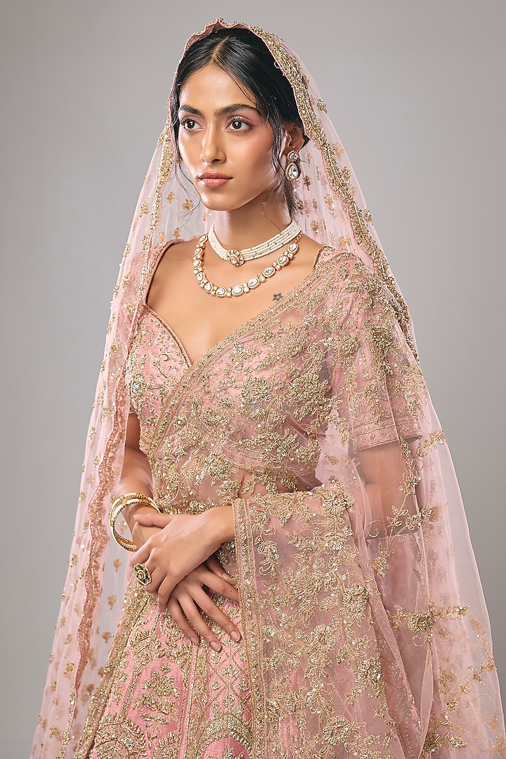 Blush Pink Raw Silk Zari Hand Embroidered Bridal Lehenga Set by Kalighata at Pernia's Pop Up Shop