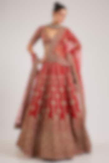 Red Raw Silk Embroidered Bridal Lehenga Set by Kalighata at Pernia's Pop Up Shop