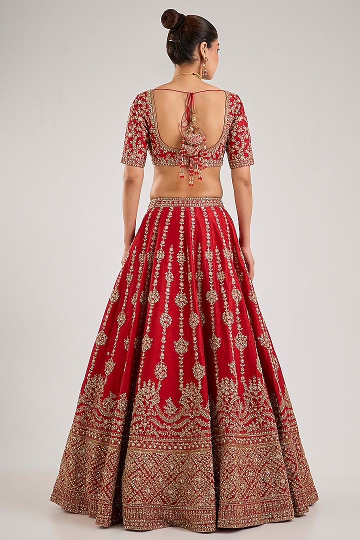 Red Raw Silk Embroidered Bridal Lehenga Set by Kalighata at Pernia's Pop Up Shop