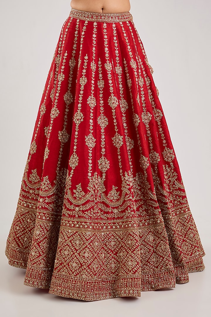 Red Raw Silk Embroidered Bridal Lehenga Set by Kalighata at Pernia's Pop Up Shop