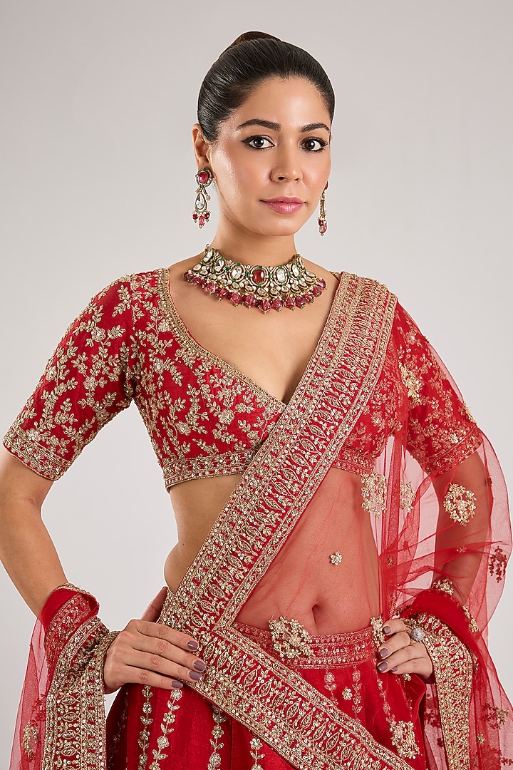 Red Raw Silk Embroidered Bridal Lehenga Set by Kalighata at Pernia's Pop Up Shop