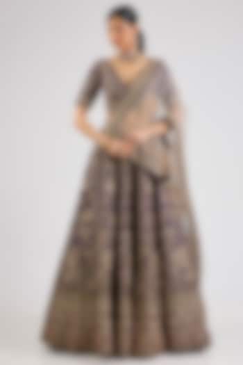 Purple Raw Silk Cutdana Hand & Machine Embroidered Bridal lehenga for 22 Lehenga Set by Kalighata at Pernia's Pop Up Shop
