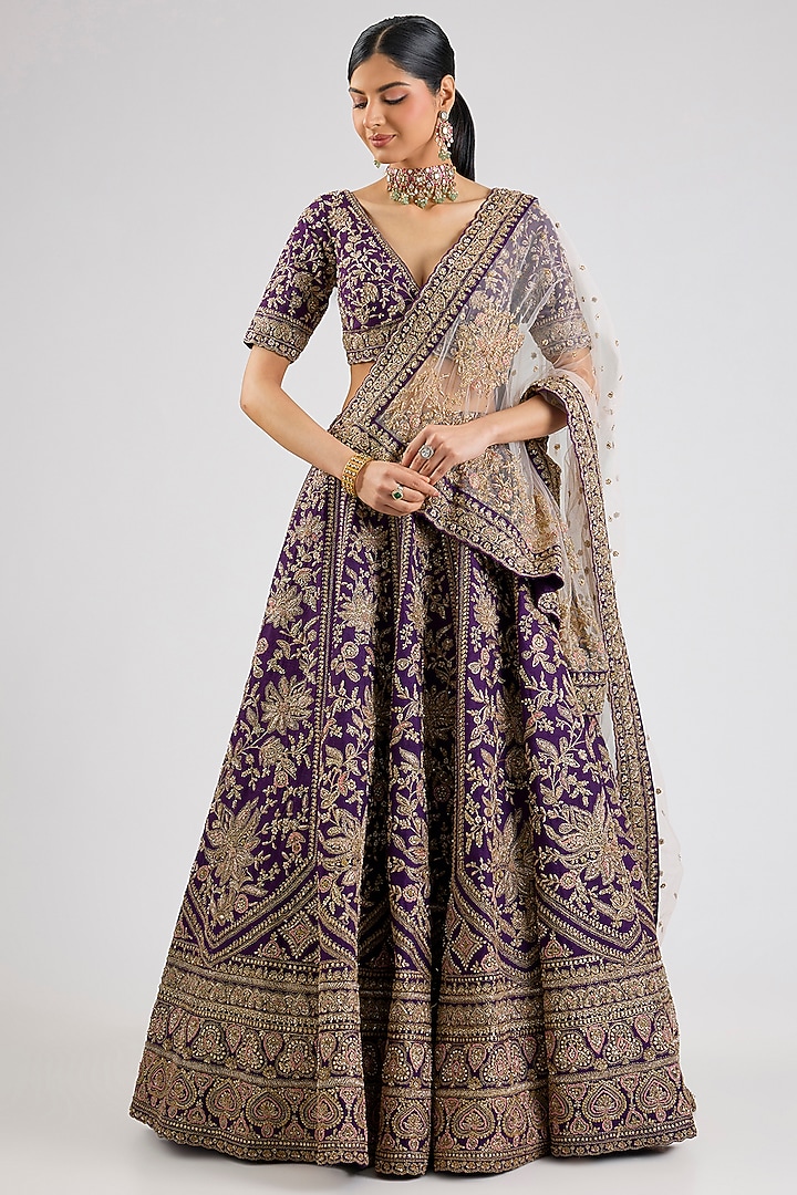 Purple Raw Silk Cutdana Hand & Machine Embroidered Bridal lehenga for 22 Lehenga Set by Kalighata at Pernia's Pop Up Shop