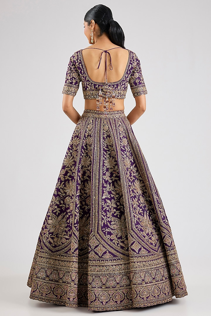 Purple Raw Silk Cutdana Hand & Machine Embroidered Bridal Lehenga Set by Kalighata at Pernia's Pop Up Shop