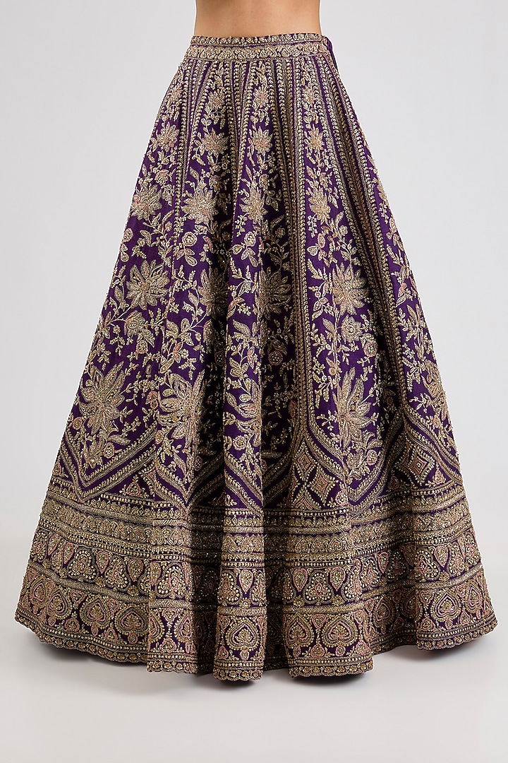 Purple Raw Silk Cutdana Hand & Machine Embroidered Bridal Lehenga Set by Kalighata at Pernia's Pop Up Shop
