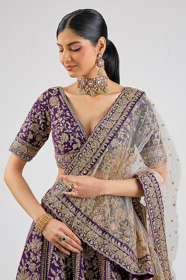 Purple Raw Silk Cutdana Hand & Machine Embroidered Bridal Lehenga Set by Kalighata at Pernia's Pop Up Shop