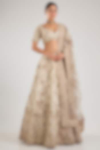 Peach Raw Silk Embroidered Bridal Lehenga Set by Kalighata at Pernia's Pop Up Shop