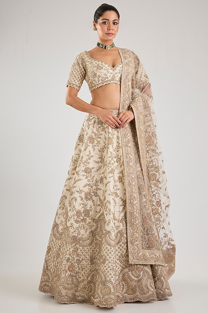 Peach Raw Silk Embroidered Bridal Lehenga Set by Kalighata at Pernia's Pop Up Shop