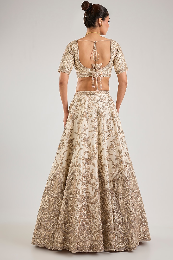 Peach Raw Silk Embroidered Bridal Lehenga Set by Kalighata at Pernia's Pop Up Shop