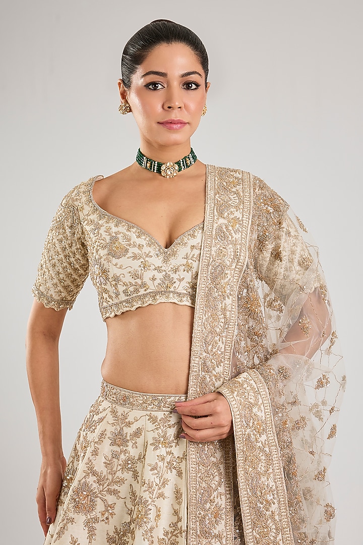 Peach Raw Silk Embroidered Bridal Lehenga Set by Kalighata at Pernia's Pop Up Shop