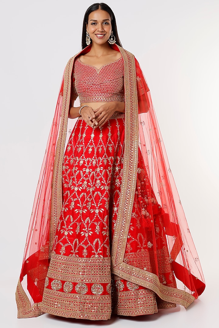 Red Embroidered Bridal Lehenga Set by Kalighata at Pernia's Pop Up Shop