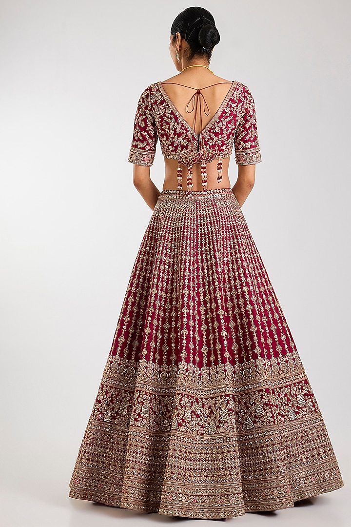 Maroon Raw Silk Zardosi Embellished Bridal Lehenga Set by Kalighata at Pernia's Pop Up Shop