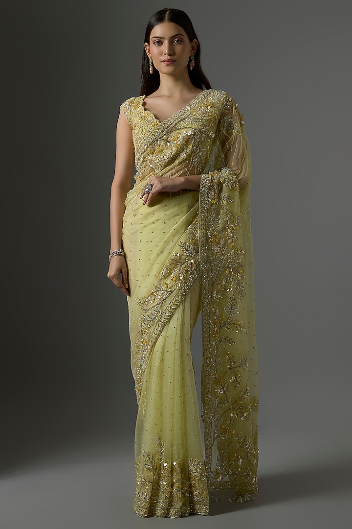 Lemon Yellow Organza Embroidered Reception Saree Set by Kalighata at Pernia's Pop Up Shop