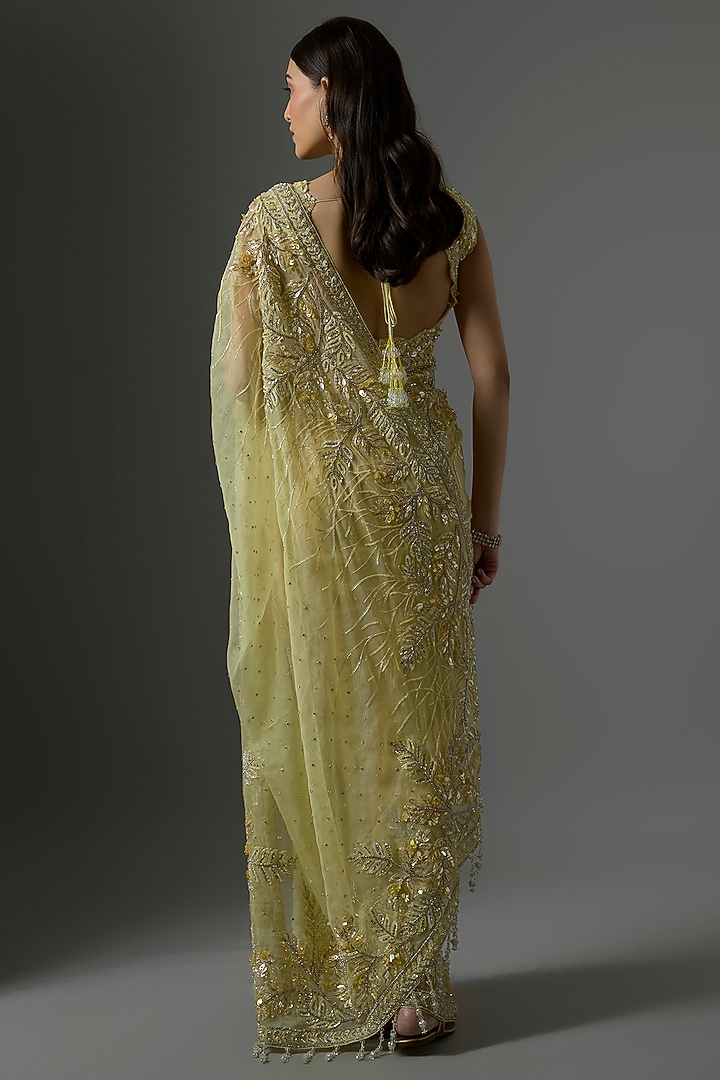 Lemon Yellow Organza Embroidered Reception Saree Set by Kalighata at Pernia's Pop Up Shop