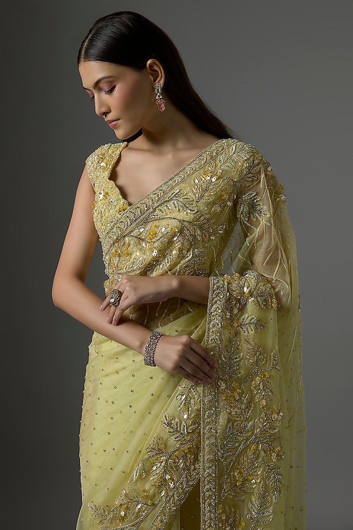 Lemon Yellow Organza Embroidered Reception Saree Set by Kalighata at Pernia's Pop Up Shop