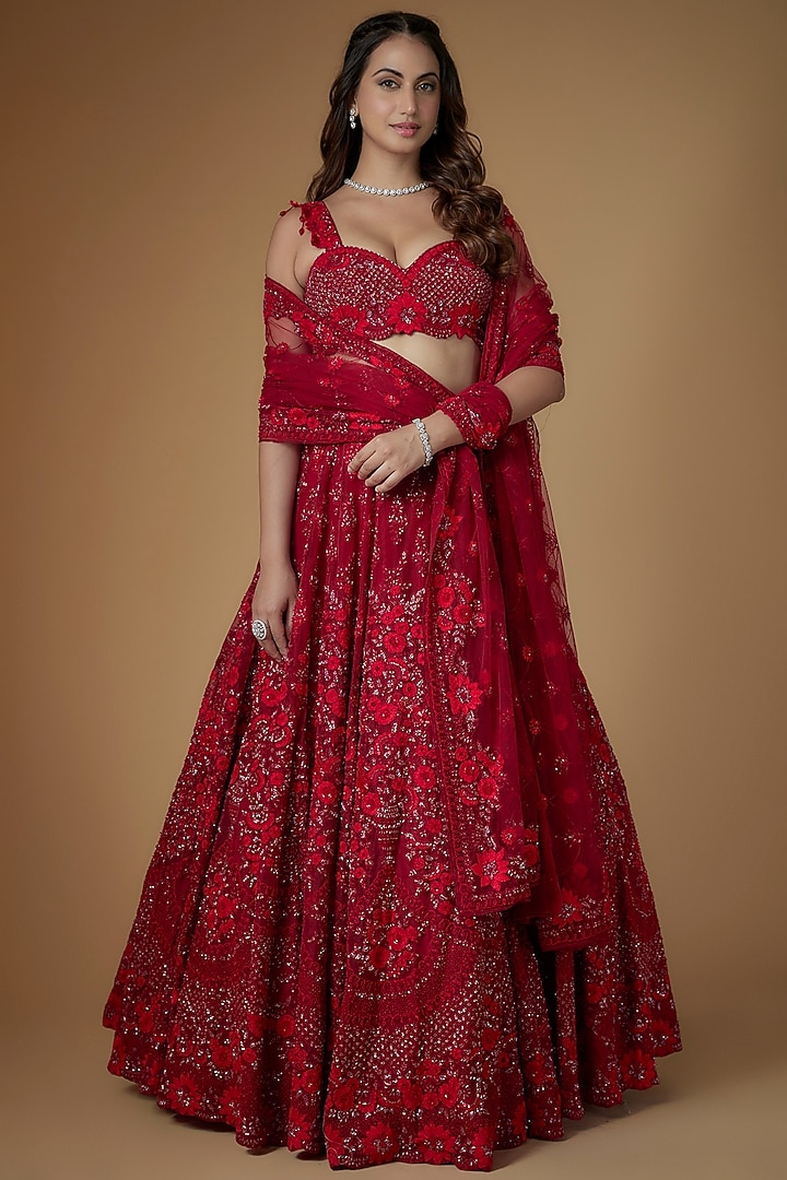 Maroon Organza Hand & Machine Embroidered Bridal Lehenga Set by Kalighata at Pernia's Pop Up Shop
