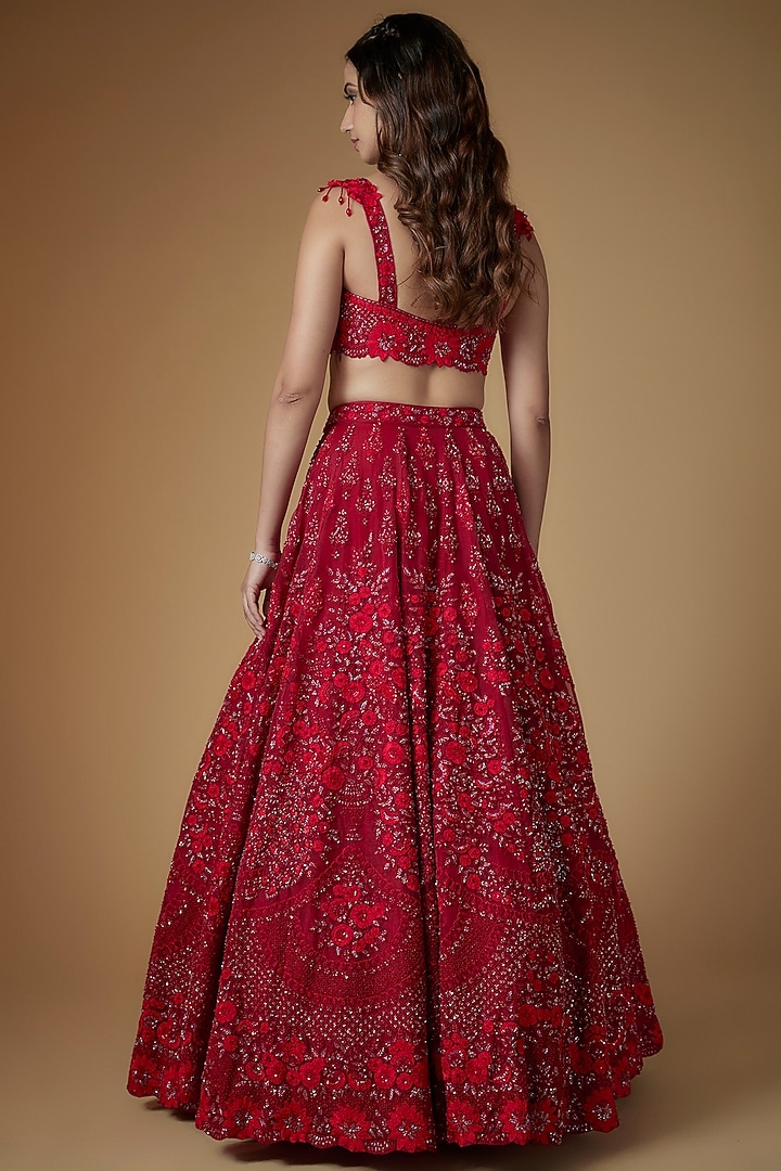 Maroon Organza Hand & Machine Embroidered Bridal Lehenga Set by Kalighata at Pernia's Pop Up Shop