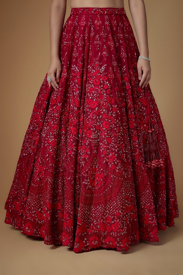 Maroon Organza Hand & Machine Embroidered Bridal Lehenga Set by Kalighata at Pernia's Pop Up Shop