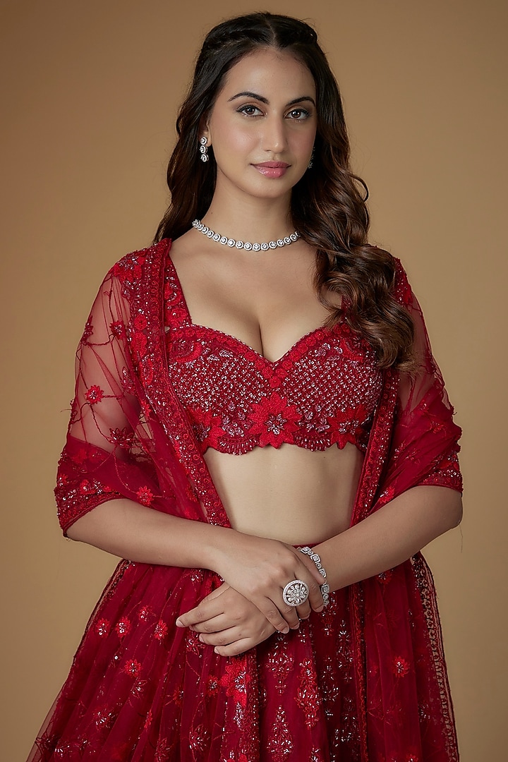Maroon Organza Hand & Machine Embroidered Bridal Lehenga Set by Kalighata at Pernia's Pop Up Shop
