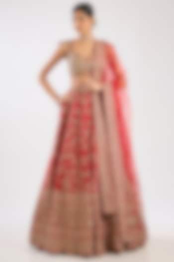 Red Raw Silk Embroidered Bridal Lehenga Set by Kalighata at Pernia's Pop Up Shop