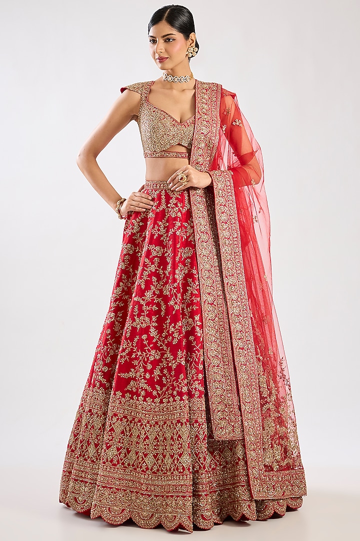 Red Raw Silk Embroidered Bridal Lehenga Set by Kalighata at Pernia's Pop Up Shop