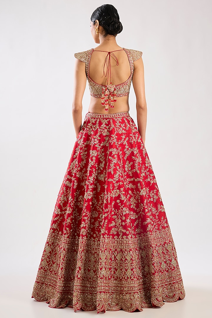Red Raw Silk Embroidered Bridal Lehenga Set by Kalighata at Pernia's Pop Up Shop