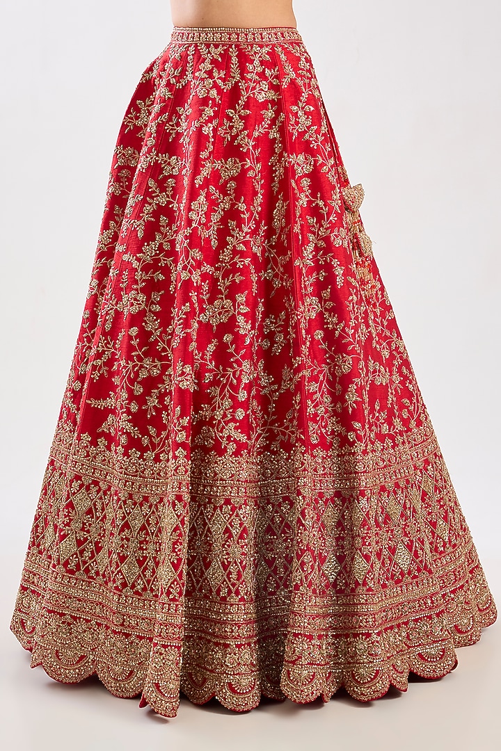 Red Raw Silk Embroidered Bridal Lehenga Set by Kalighata at Pernia's Pop Up Shop