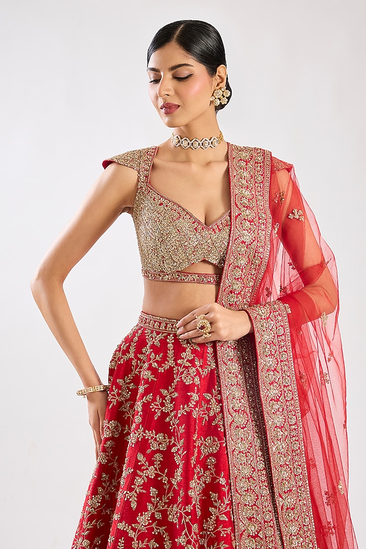 Red Raw Silk Embroidered Bridal Lehenga Set by Kalighata at Pernia's Pop Up Shop