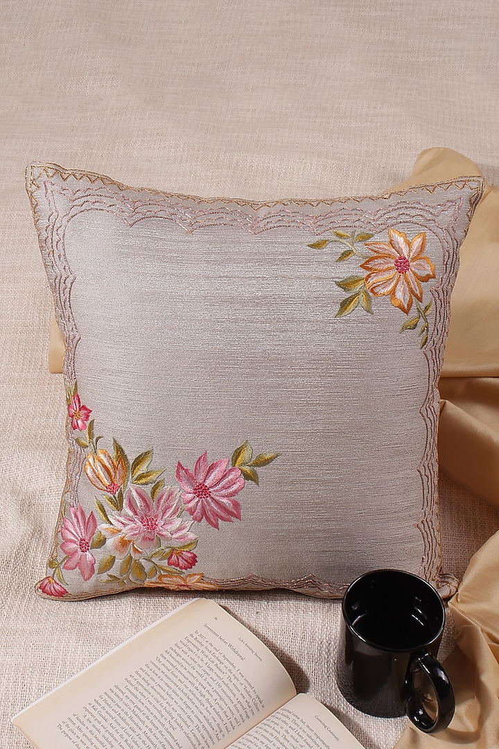 Light Grey Jacquard Silk Cushion Cover (Set of 2) by Khaabka at Pernia's Pop Up Shop