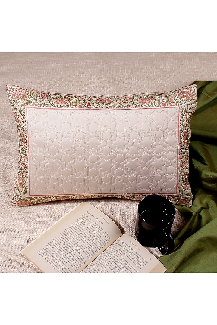 Peach Cream Chanderi Silk Cushion Cover (Set of 2) by Khaabka at Pernia's Pop Up Shop