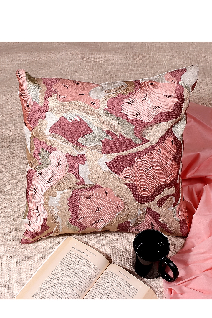 Pink Cream Embroidered Cushion Cover (Set of 2) by Khaabka at Pernia's Pop Up Shop