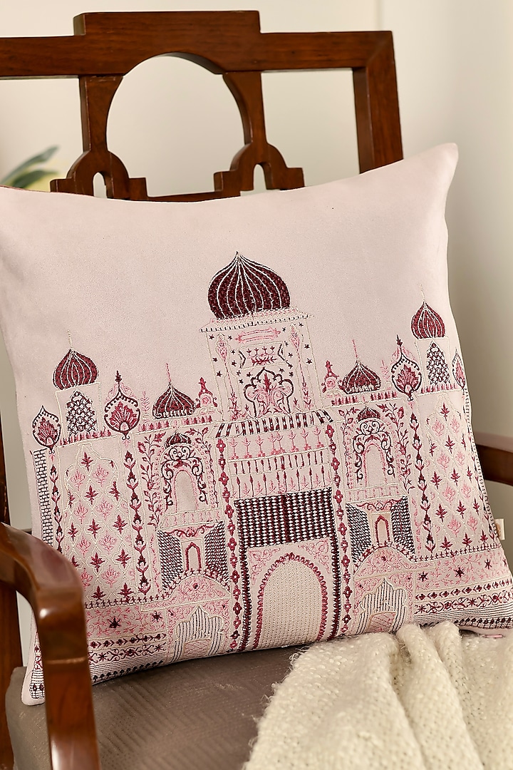 Pink Velvet Resham Embroidered Square Cushion Cover Set of 2 by Khaabka