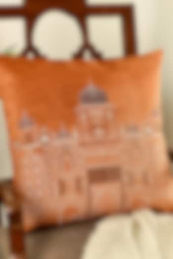 Orange Velvet Resham Embroidered Square Cushion Cover Set of 2 by Khaabka