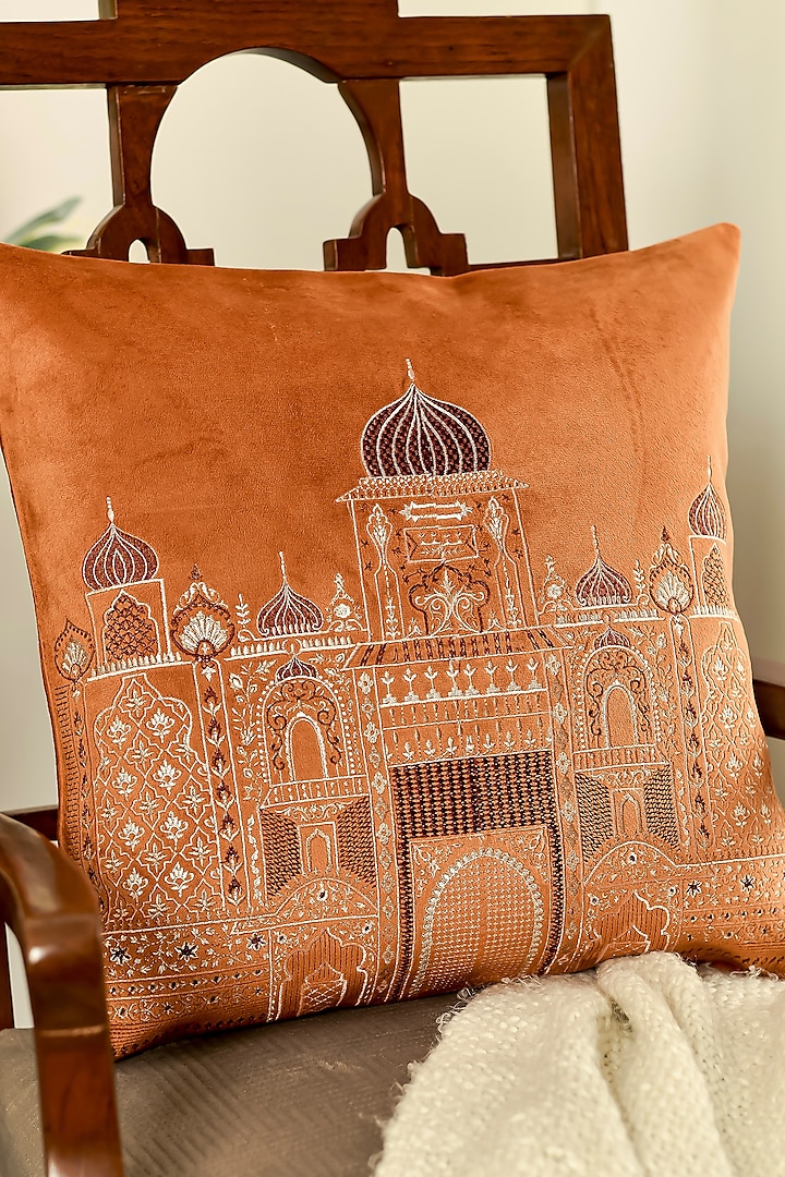 Orange Velvet Resham Embroidered Square Cushion Cover Set of 2 by Khaabka