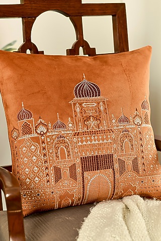 Orange Velvet Resham Embroidered Square Cushion Cover Set of 2 by Khaabka