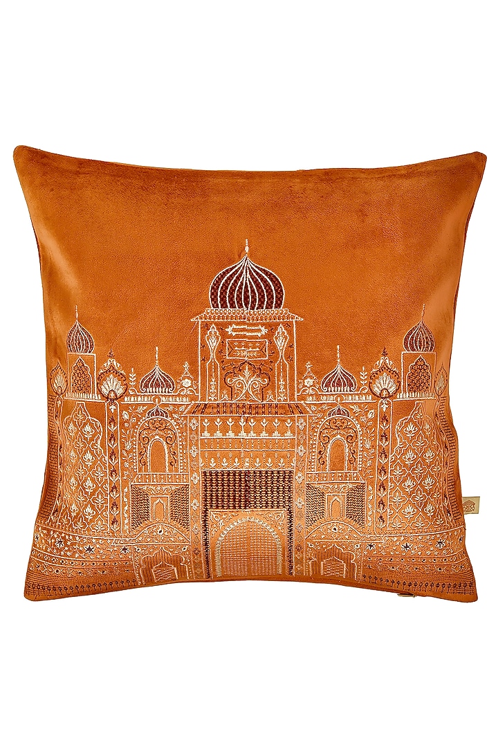 Orange Velvet Resham Embroidered Square Cushion Cover Set of 2 by Khaabka at Pernia's Pop Up Shop