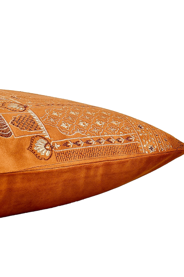 Orange Velvet Resham Embroidered Square Cushion Cover Set of 2 by Khaabka at Pernia's Pop Up Shop