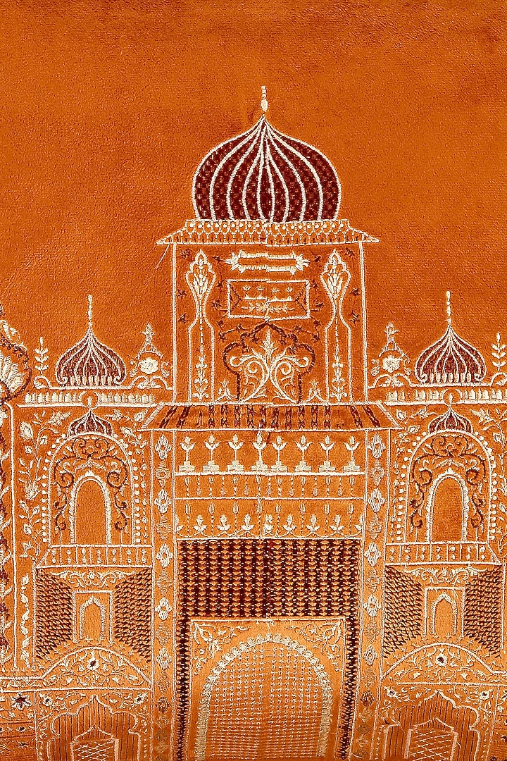 Orange Velvet Resham Embroidered Square Cushion Cover Set of 2 by Khaabka at Pernia's Pop Up Shop