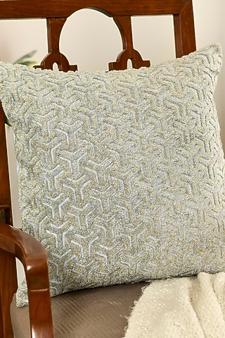 Sky Blue Cotton Silk Embroidered Square Cushion Cover Set Of 2 by Khaabka