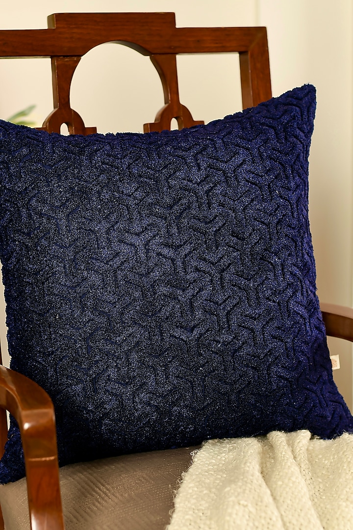 Navy Blue Cotton Silk Embroidered Square Cushion Cover Set Of 2 by Khaabka
