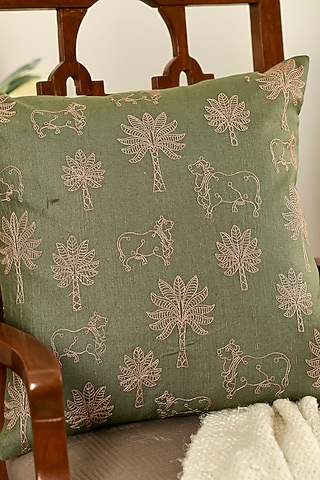 Olive Green Cotton Linen Resham Embroidered Square Cover Set Of 2 by Khaabka