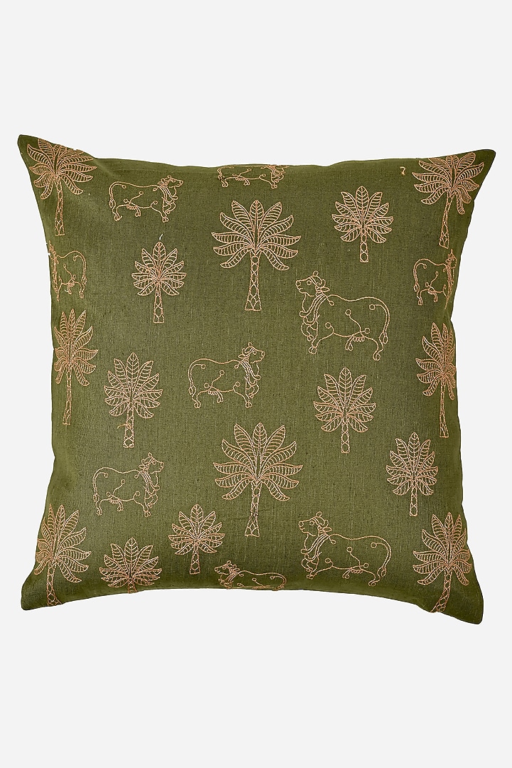 Olive Green Cotton Linen Resham Embroidered Square Cover Set Of 2 by Khaabka at Pernia's Pop Up Shop