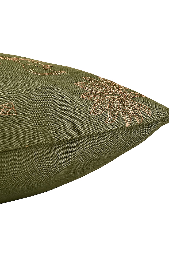 Olive Green Cotton Linen Resham Embroidered Square Cover Set Of 2 by Khaabka at Pernia's Pop Up Shop