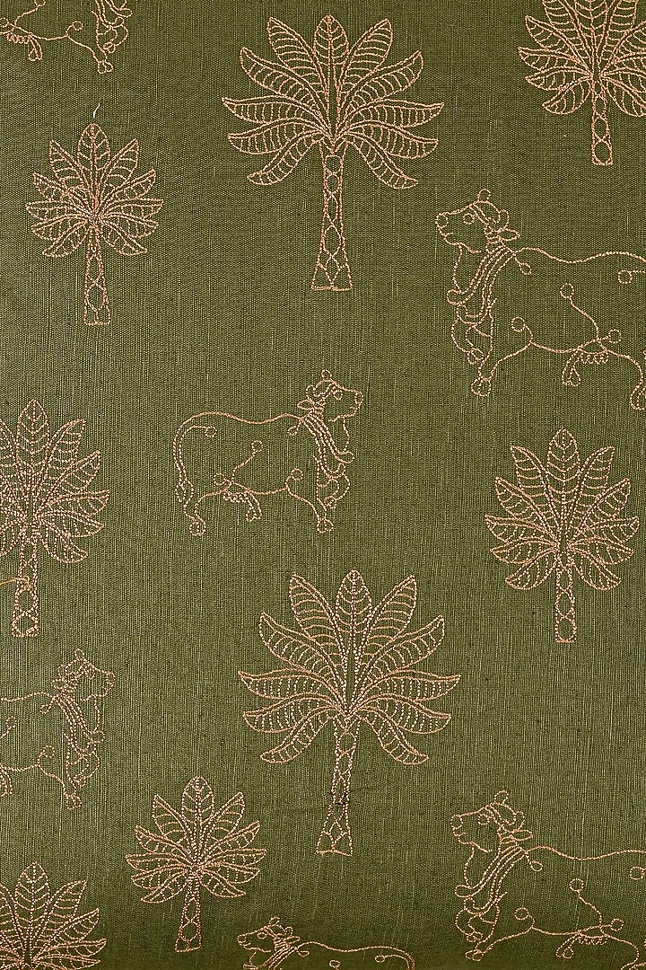 Olive Green Cotton Linen Resham Embroidered Square Cover Set Of 2 by Khaabka at Pernia's Pop Up Shop