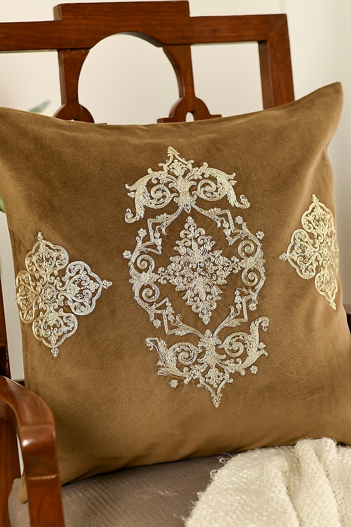 Brown Velvet Dori Embroidered Square Cushion Cover Set Of 2 by Khaabka