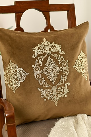 Brown Velvet Dori Embroidered Square Cushion Cover Set Of 2 by Khaabka