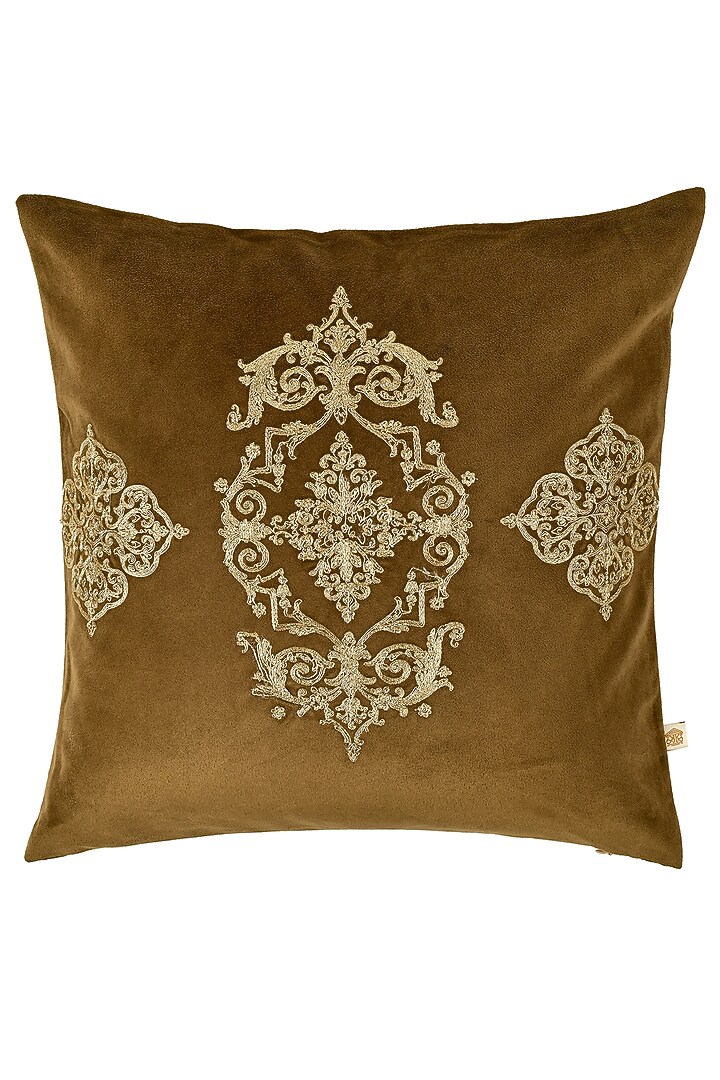 Brown Velvet Dori Embroidered Square Cushion Cover Set Of 2 by Khaabka at Pernia's Pop Up Shop