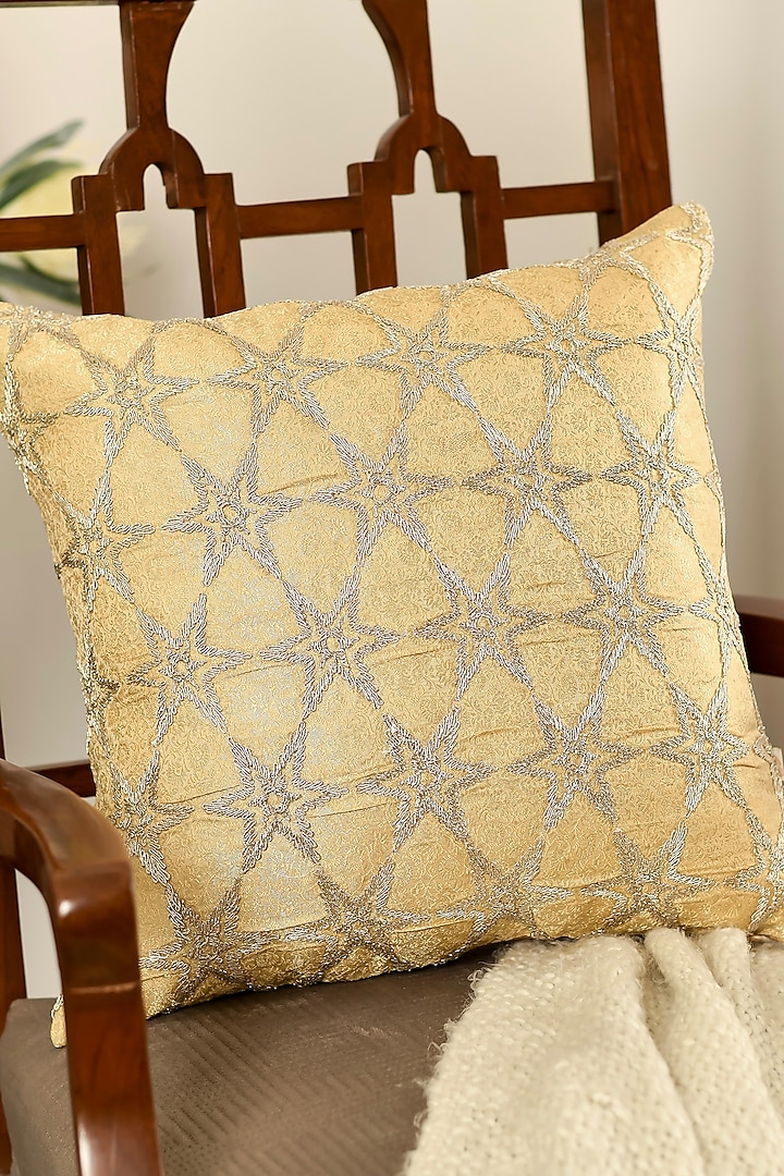 Gold Chanderi Silk Zari Dori Embroidered & Printed Square Cushion Cover Set Of 2 by Khaabka