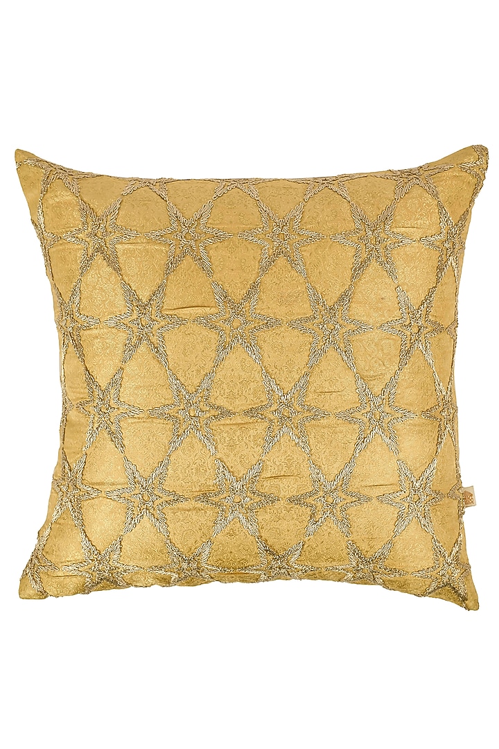 Gold Chanderi Silk Zari Dori Embroidered & Printed Square Cushion Cover Set Of 2 by Khaabka at Pernia's Pop Up Shop