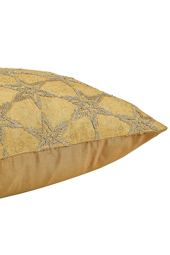 Gold Chanderi Silk Zari Dori Embroidered & Printed Square Cushion Cover Set Of 2 by Khaabka at Pernia's Pop Up Shop